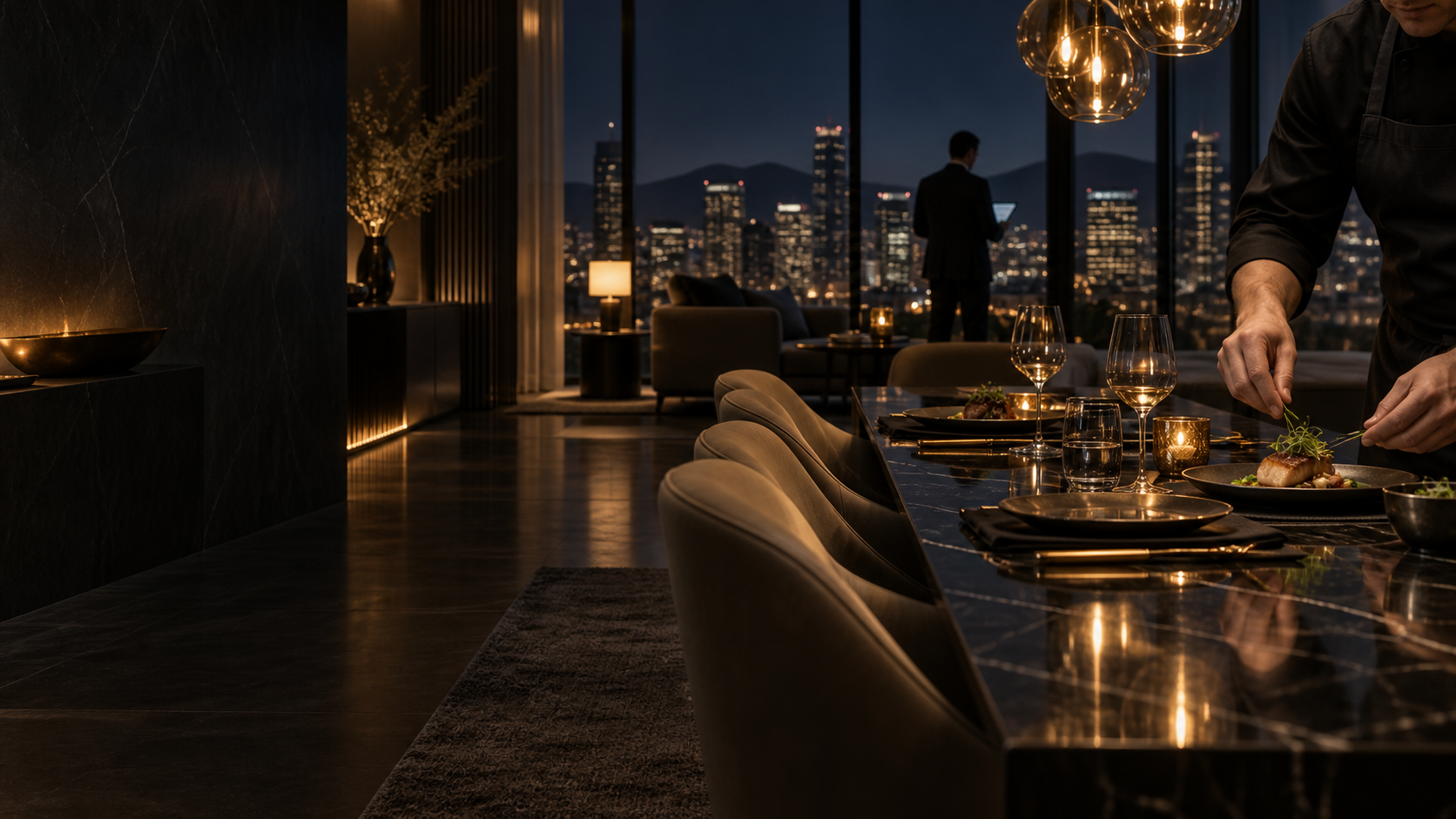 Private chef preparing an executive dinner in a luxury residence
